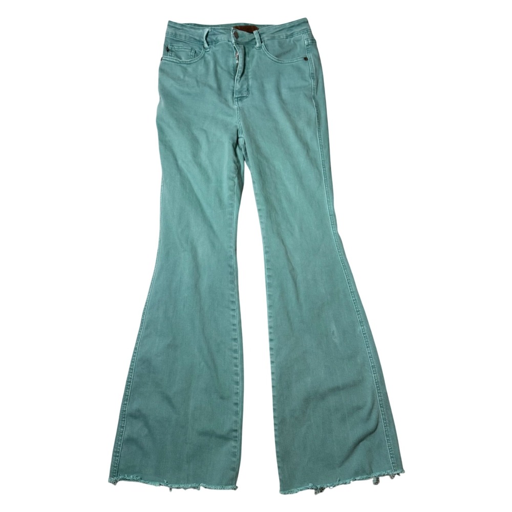 Judy Blue Flare Jeans Turquoise Size 7/28 Raw Hem Boutique Western Cowgirl Boho - Picture 2 of 8